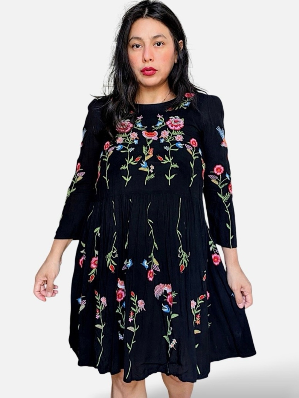 Anthropologie Maeve Allison Embroidered Bird Floral Mini Dress Black Small - Picture 1 of 7